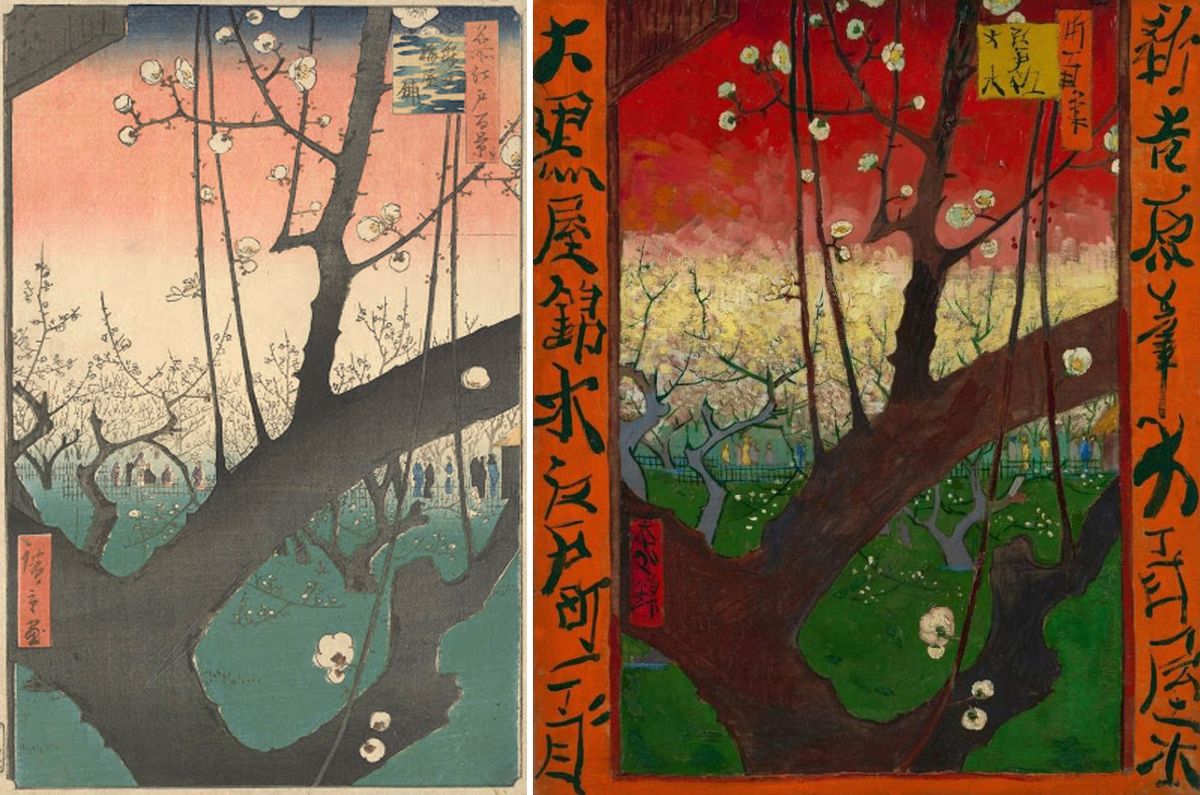 Left: Utagawa Hiroshige’s Flowering Plum Trees at Kameido (1857) (Vincent’s own copy of the print); and right: Van Gogh’s painted version (October-November 1887) Courtesy of the Van Gogh Museum, Amsterdam (Vincent van Gogh Foundation)