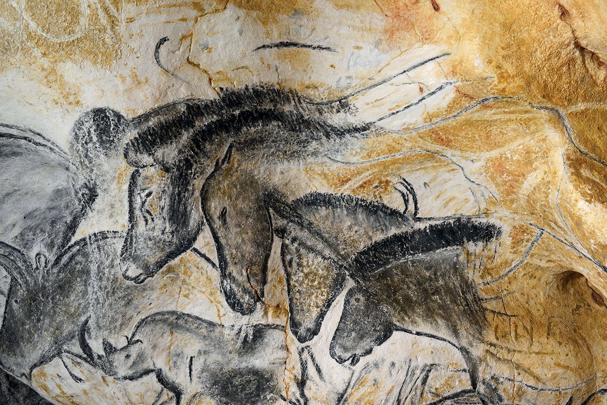 A detail of the prehistoric wall paintings in the replica Chauvet cave Carole Fritz