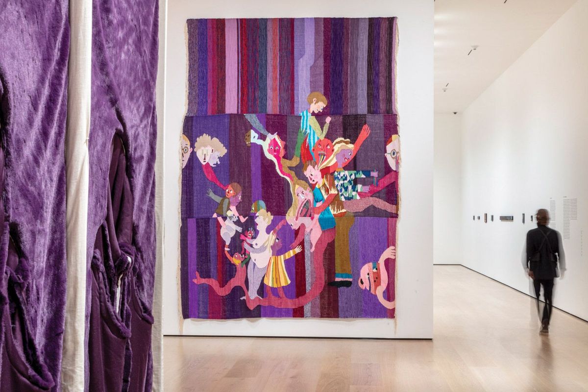 Weaving stories: Christina Forrer’s tapestry Gebunden II (2020), at the Hammer Museum, examines family relationships. Left, in the foreground, is part of Nicola L.’s La Chambre en Fourrure, an interactive work that cannot be touched in the Covid-19 era © Joshua White