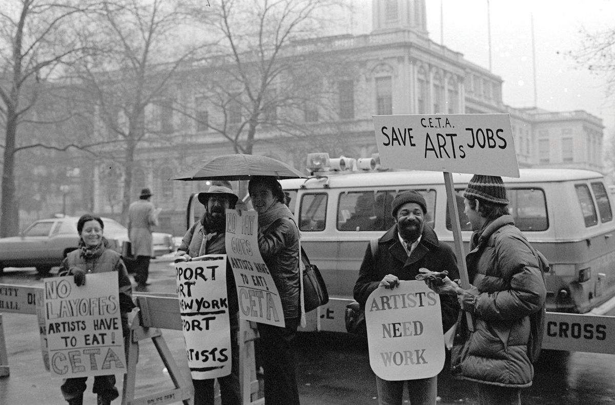 An artists’ protest in New York in 1978; the CETA federal jobs programme, which ran from 1973 to 1983, gave work to 10,000 artists around the US © Blaise Tobia