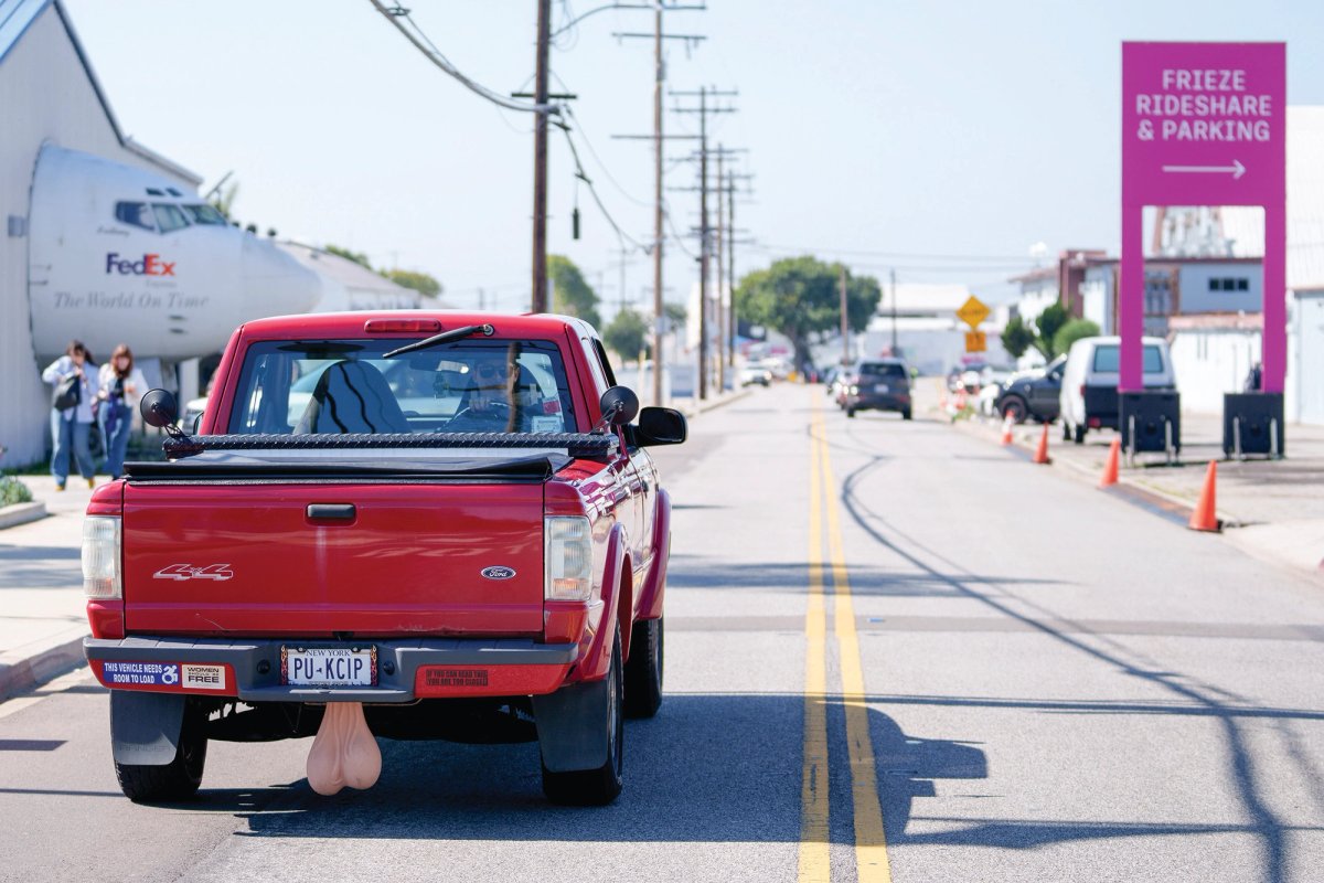 Never mind the bollocks: Pippa Garner’s Haulin’ Ass!, a 2003 Ford Ranger made to look like it’s driving backwards and sporting an impressive pair of truck nuts, is a fixture at this year’s Frieze Los Angeles
Eric Thayer