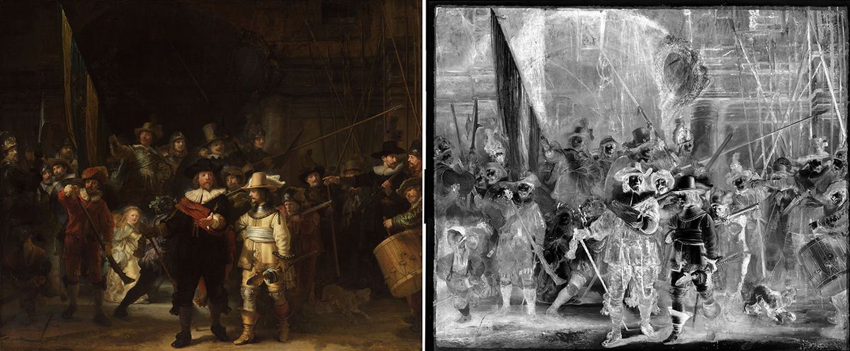 Rembrandt's The Night Watch (1642) and a view which includes the newly discovered preparatory sketch 
Image: © Rijksmuseum