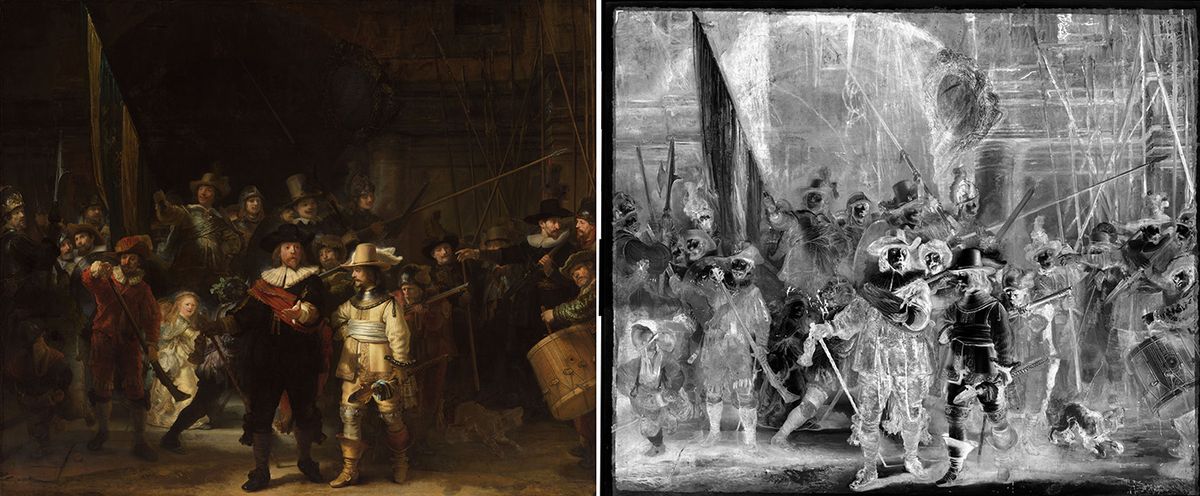 Rembrandt's The Night Watch (1642) and a view which includes the newly discovered preparatory sketch
Image: © Rijksmuseum