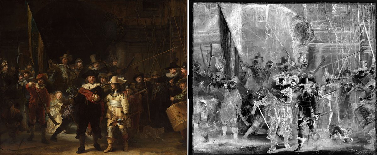 Rembrandt's The Night Watch (1642) and a view which includes the newly discovered preparatory sketch
Image: © Rijksmuseum