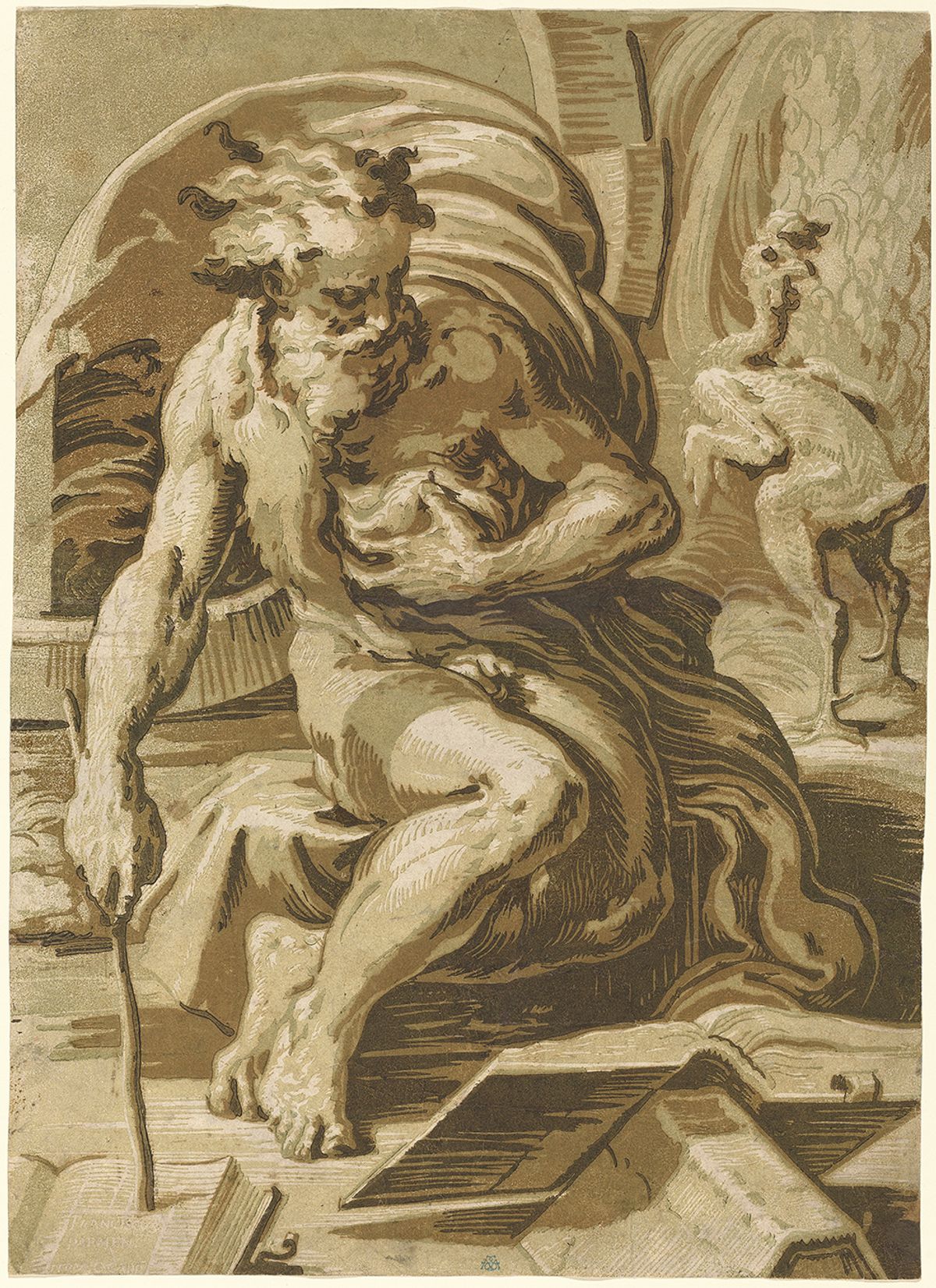 Ugo da Carpi's woodcut from around 1527-30, inspired by Parmigianino's Diogenes Courtesy of National Gallery of Art