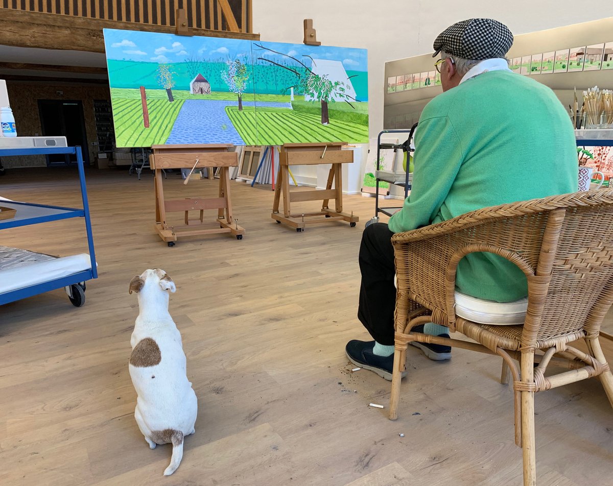 David Hockney and Ruby in the Normandy studio, 25 May 2020 © David Hockney, photo: Jean-Pierre Gonçalves de Lima