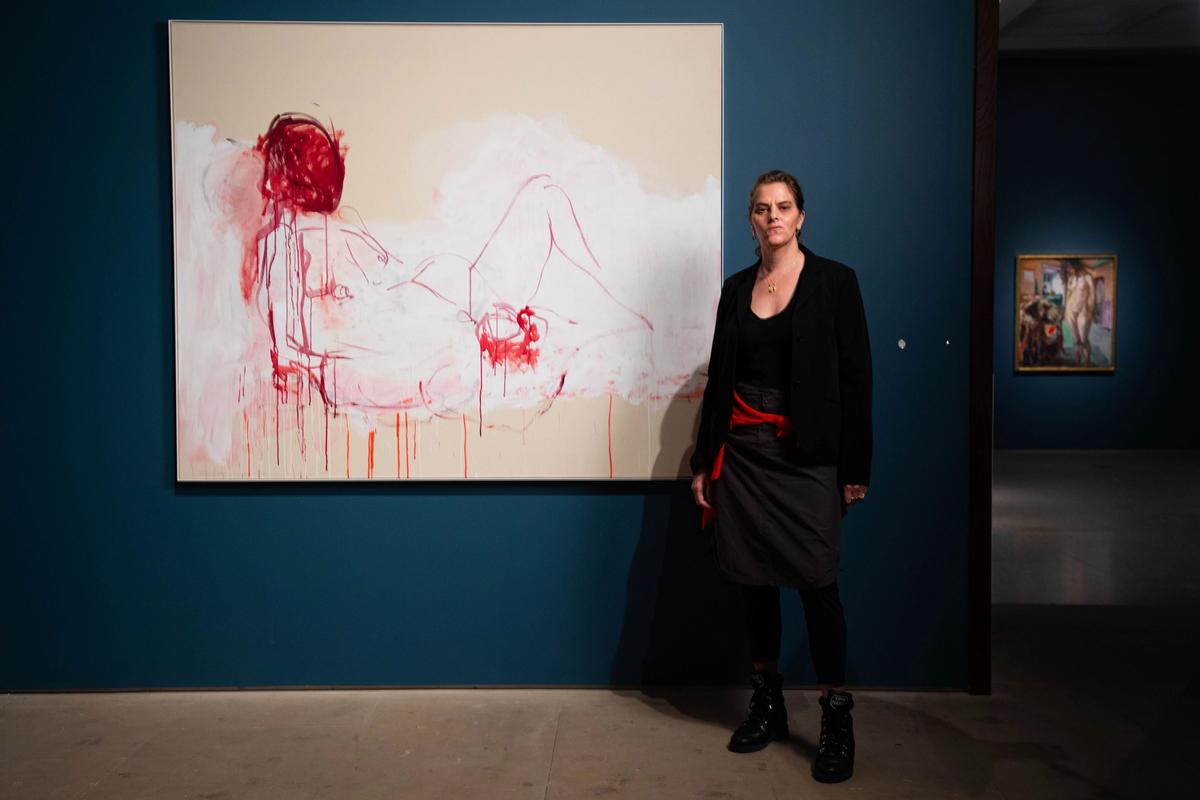 Tracey Emin in front of This is life without you - You made me Feel Like This (2018), on display at the Royal Academy of Arts, London, in 2020 Loan courtesy of Collection Majudia © Tracey Emin. All rights reserved, DACS 2020. Photo: © David Parry