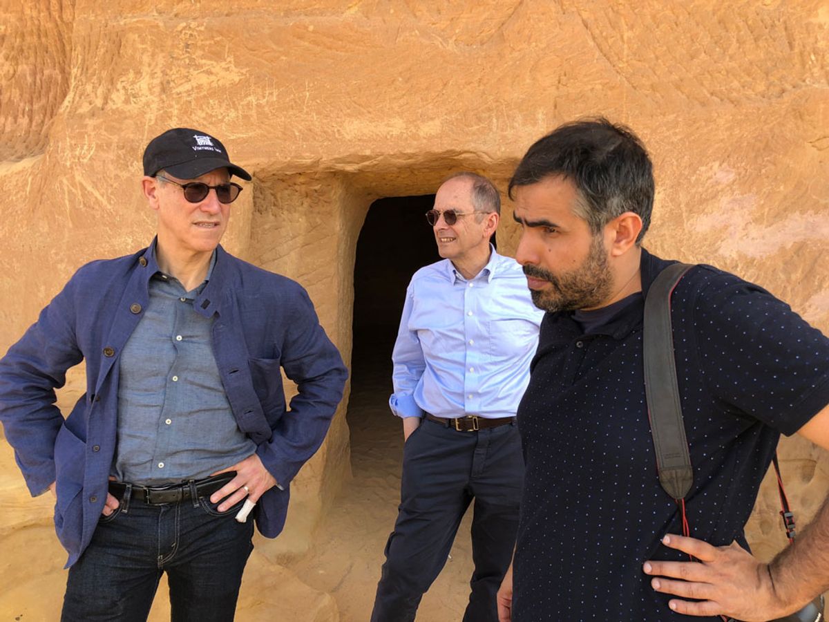 Glenn Lowry and Jay Levenson of MoMA with Ahmed Mater, the director of the Misk Art Institute, at the archaeological site of Mada’in Saleh as guests of the Crown Prince in December 2017 Stephen Stapleton