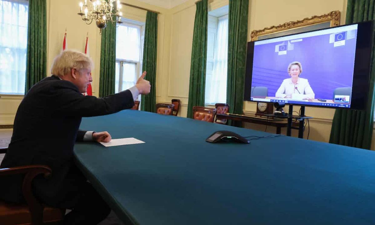 Boris Johnson speaks to Ursula von der Leyen by video link from Downing Street after completing the Brexit deal courtesy No 10 Downing Street