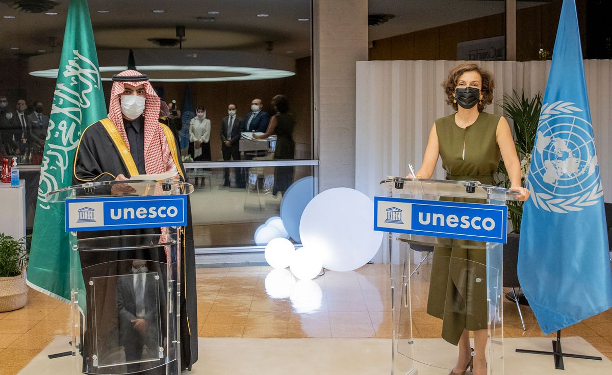 Prince Badr bin Abdullah Al-Saud, the  the Saudi minister of culture and Audrey Azoulay, Unesco’s director-general announcement of the new partnership