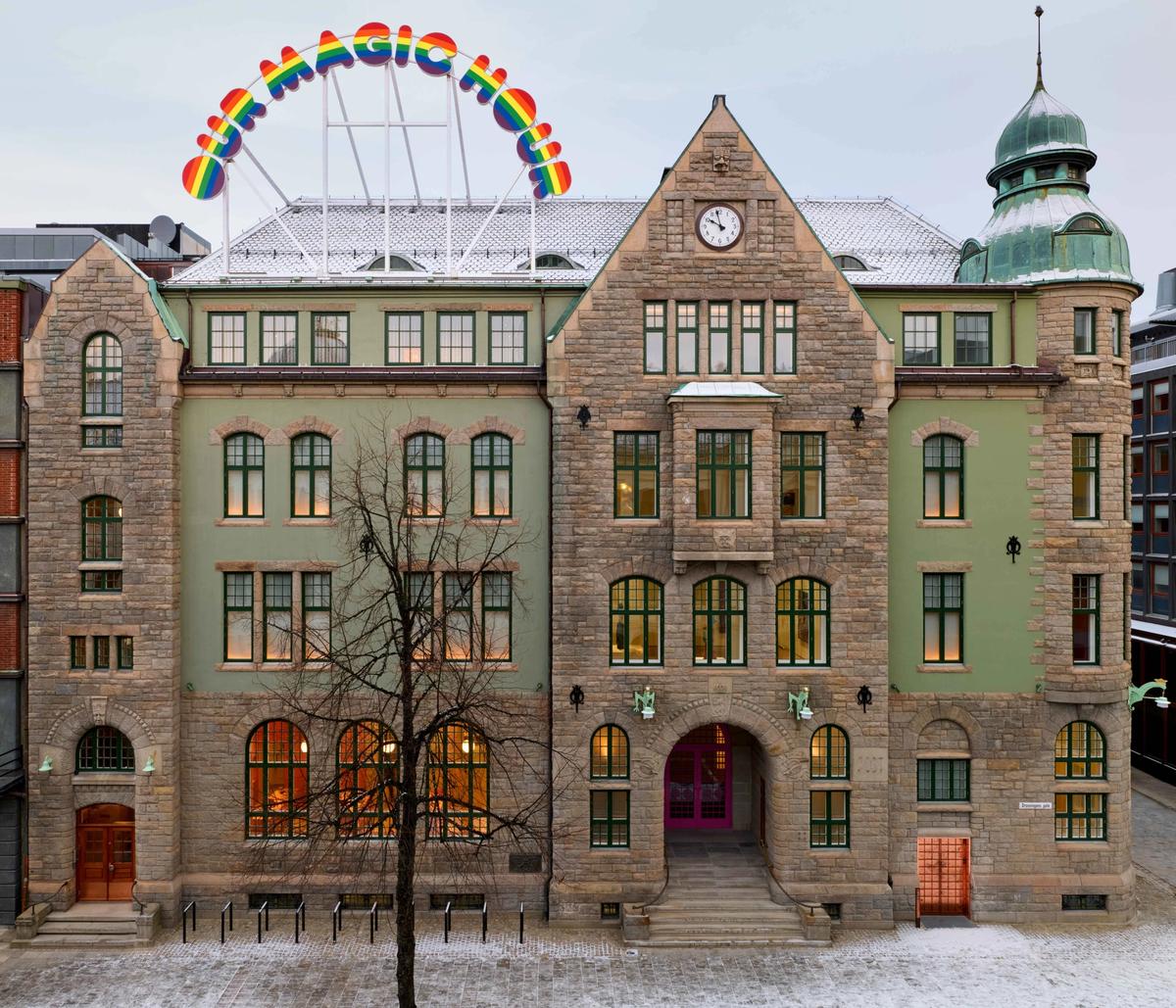 Ugo Rondinone’s our magic hour (2003) above the new 4,000 sq. m PoMo museum in Trondheim, which is due to open on 15 February in a former post office
Rondinone: © Ugo Rondinone. Photo: Valérie Sadoun