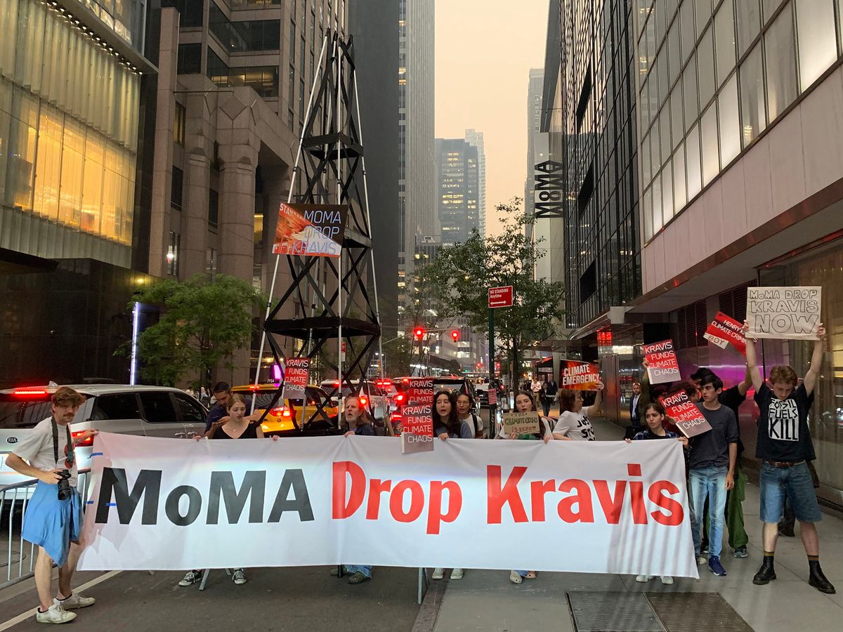 Climate protesters outside the Museum of Modern Art's Party in the Garden gala on 6 June 2023 call for the removal of board chair Marie-Josée Kravis Benjamin Sutton