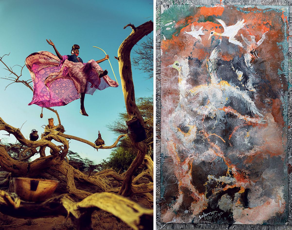 A concern for ecology: an image from the photo essay Floating, Flying by the photographer Migwa Nthigah and fellow members of Turkana Artists Xchange, and World Fires, oil on canvas, by Solomon Misigo, of Pamoja collective Floating, Flying: Elizabeth Korikel, Margy Modo, Chebet Mutai and Migwa Nthigah for Turkana Artists Xchange. Misigo: Courtesy of the artist; photographed by Jed Kamuyu
