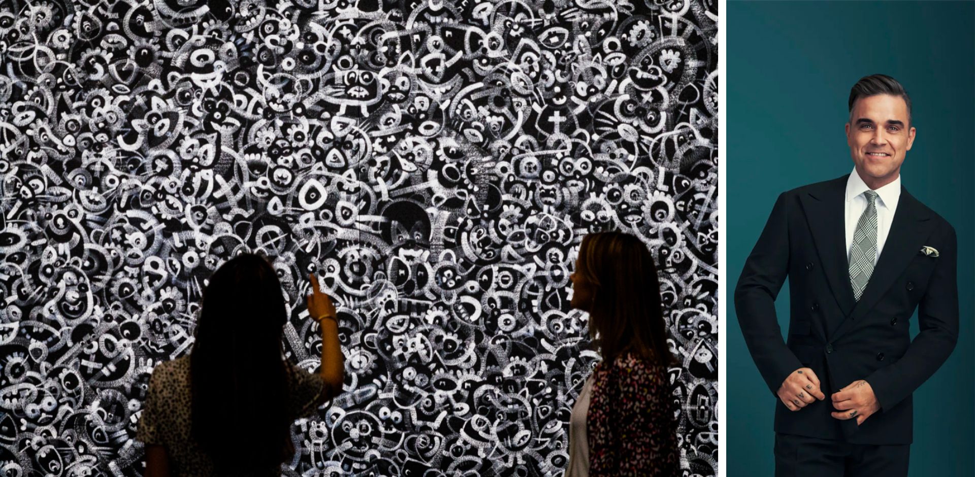 Robbie Williams (right) and Ed Godrich have created a series of Black and White Paintings (left) Photo courtesy of Sotheby's