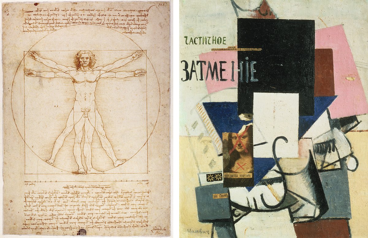 Stephen J. Campbell argues that Leonardo’s works, such as The Vitruvian Man (around 1490), have been co-opted into a mythical “Da Vinci World” played out in 20th-century works such as Kasimir Malevich’s Composition with Mona Lisa (1914)
Vitruvian Man: Gallerie dell’Accademia; Cameraphoto Arte, Venice/Art Resource, NY. Malevich: State Russian Museum; Scala/Art Resource, NY