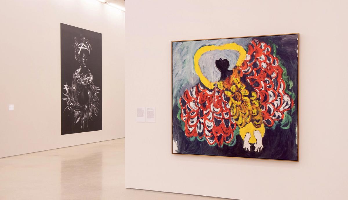 Zanele Muholi’s Ngwane I, Oslo (2018), left, and Portia Zvavahera’s Gliding on My Knees to Heaven (2019) in the PAMM show Photo: courtesy of the Pérez Art Museum Miami