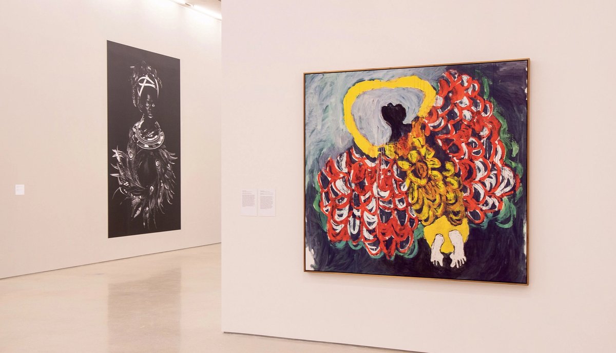 Zanele Muholi’s Ngwane I, Oslo (2018), left, and Portia Zvavahera’s Gliding on My Knees to Heaven (2019) in the PAMM show Photo: courtesy of the Pérez Art Museum Miami