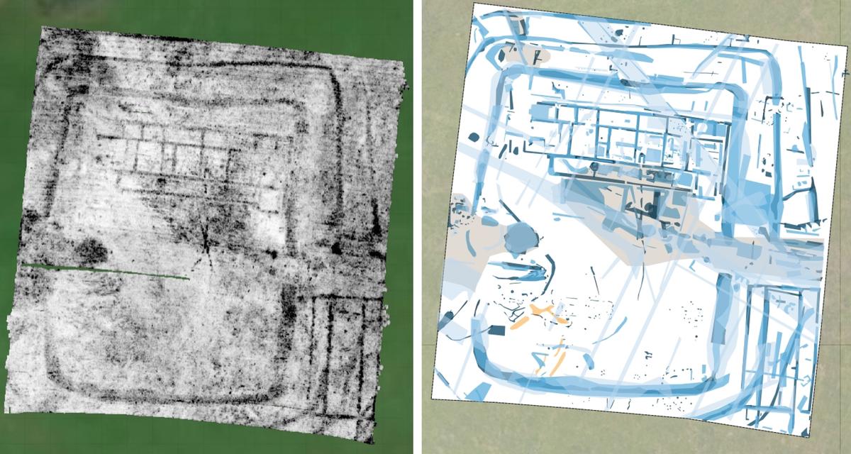 Left: footprint of the Roman Villa within its defensive enclose. Right: interpretative record of ground penetrating radar survey of villa site
Terradat