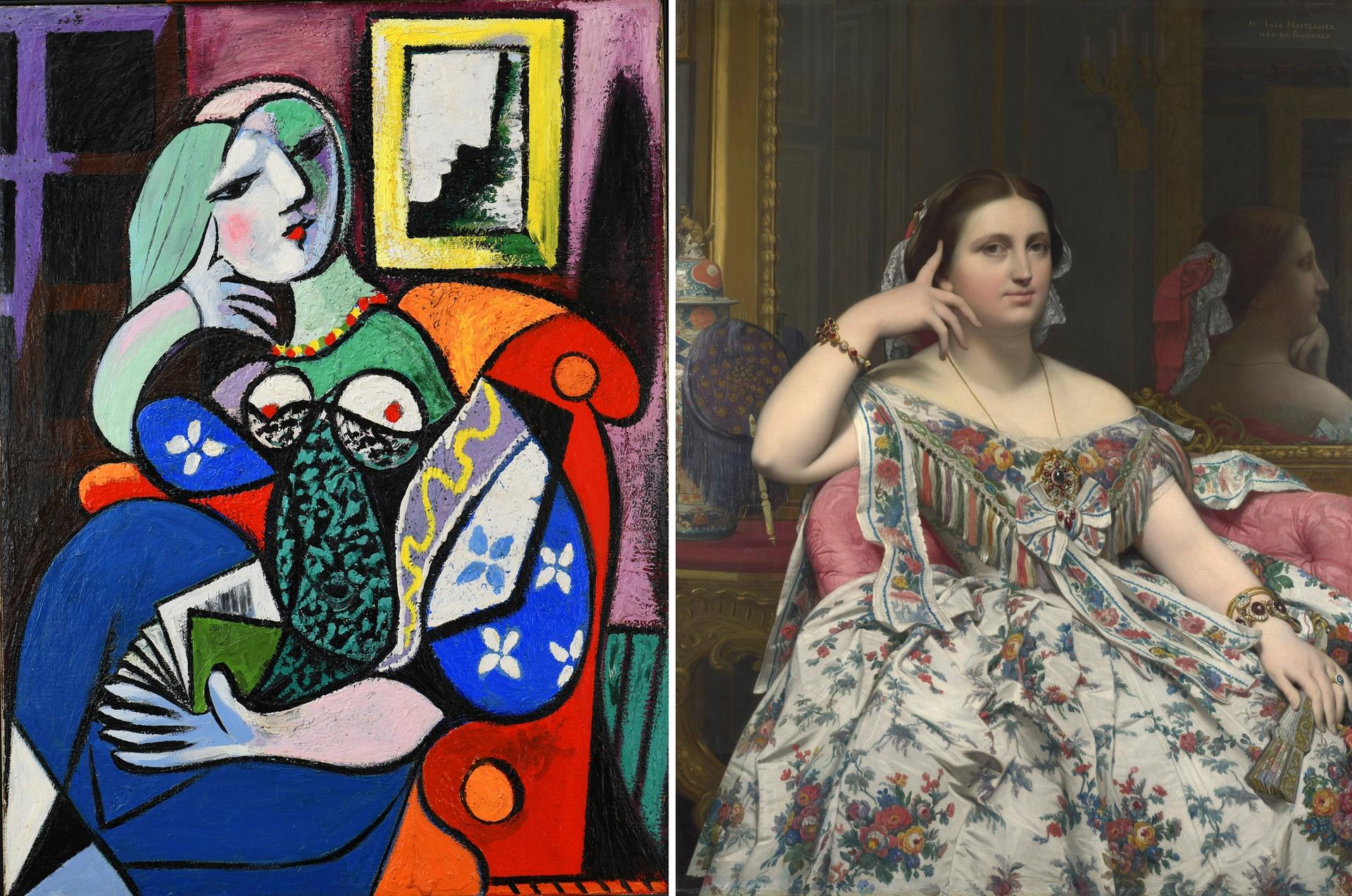 Pablo Picasso's Woman with a Book (1932, left) and Jean-Auguste-Dominique Ingres's Madame Moitessier (1856, right) Picasso: © Succession Picasso/DACS 2021 / Photo: The Norton Simon Foundation; Ingres: © The National Gallery, London