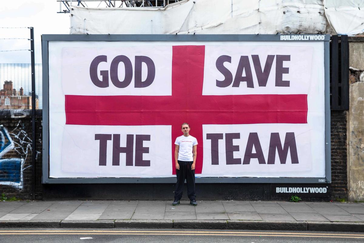 Corbin Shaw with one of this God Save the Team billboards, which are being hosted on sites around England as part of the street advertising specialists Buildhollywood’s “Your Space or Mine” project https://www.instagram.com/buildhollywood/