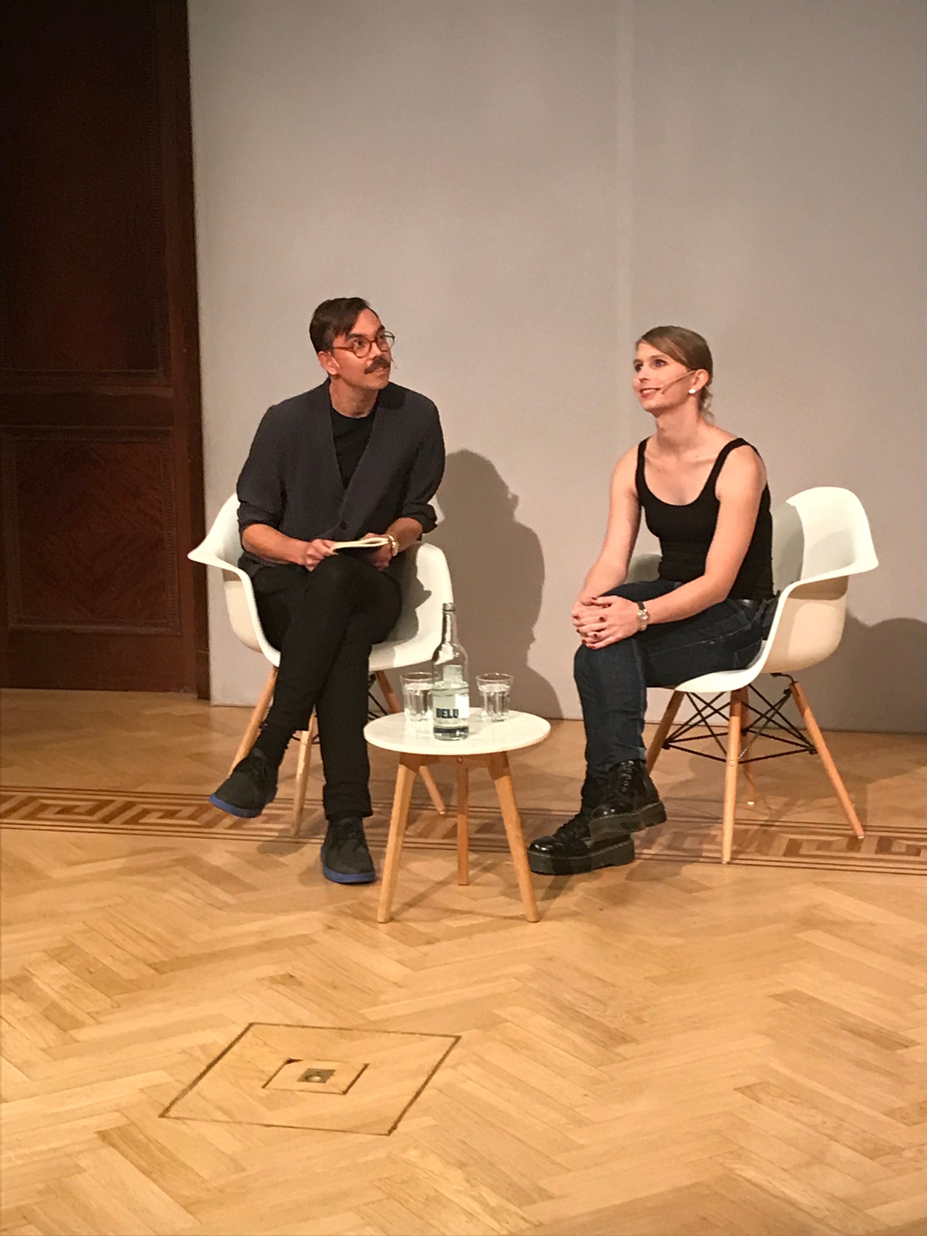 Whistleblower Chelsea Manning speaking to artist and writer James Bridle in London © Julia Michalska