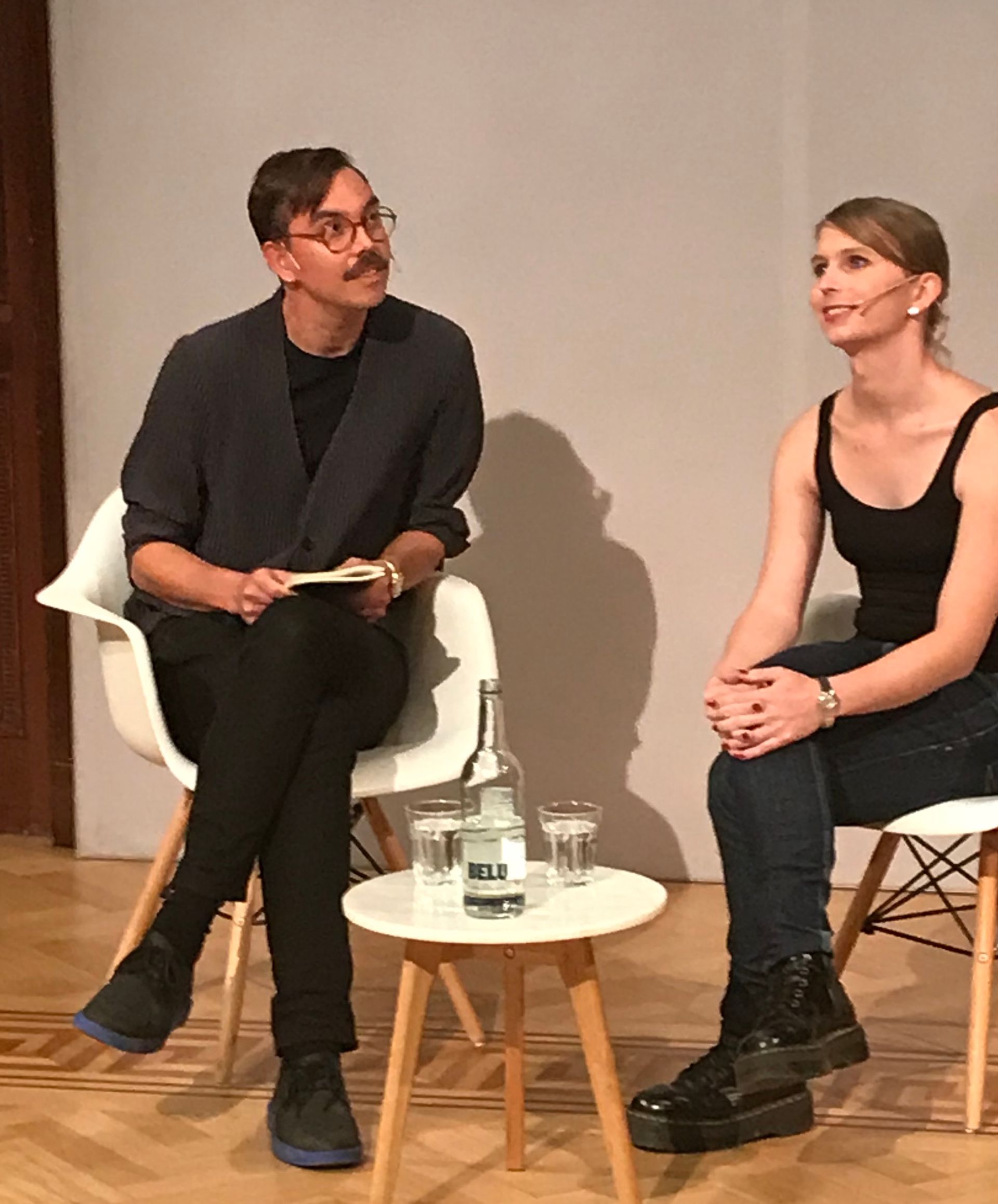 Whistleblower Chelsea Manning speaking to artist and writer James Bridle in London © Julia Michalska