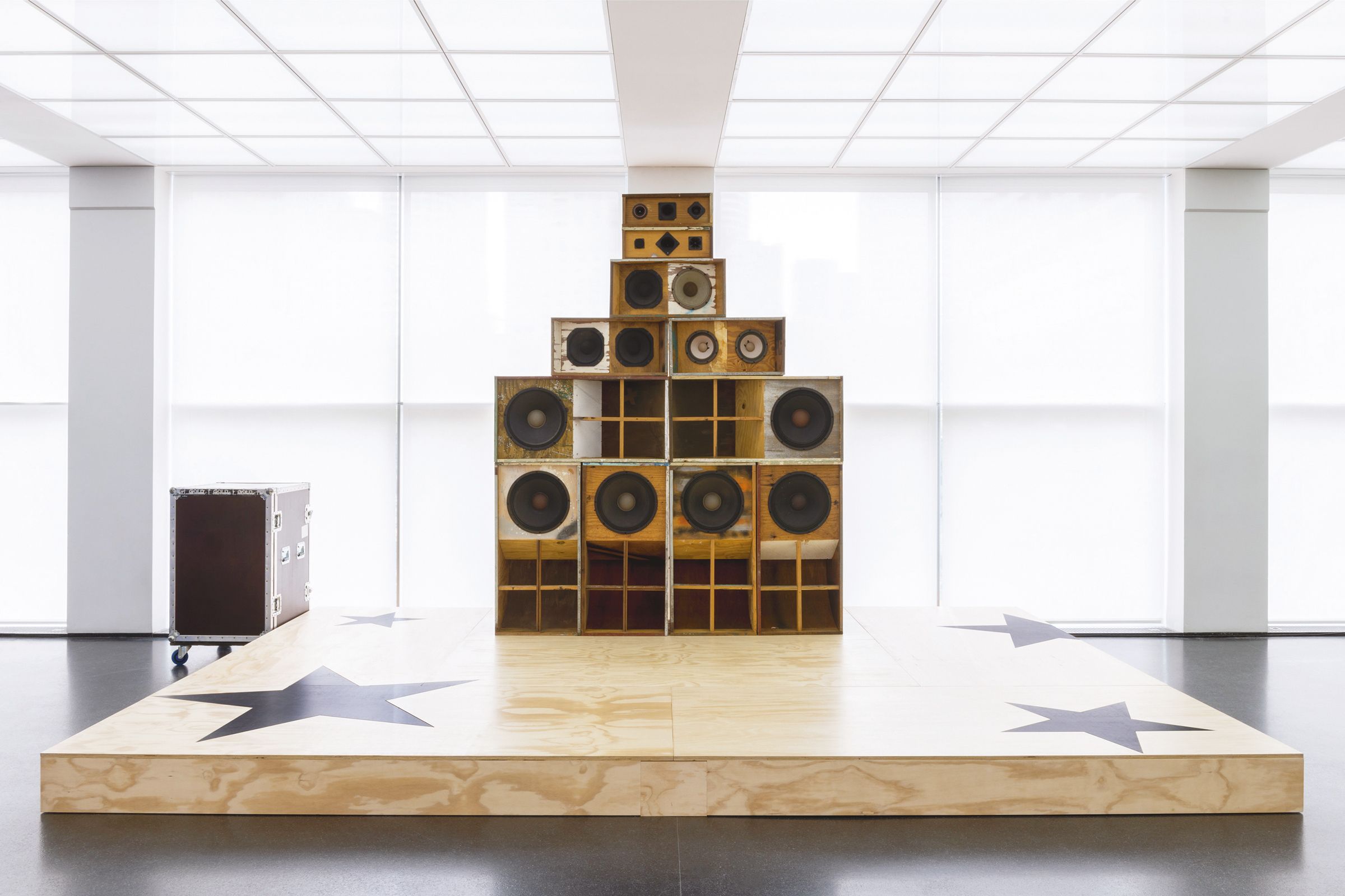 An installation view of Gary Simmons’s MCA Chicago exhibition, with his Recapturing the Memories of the Black Ark (2014-ongoing), which serves as a set for live performances Photo: Shelby Ragsdale © MCA Chicago