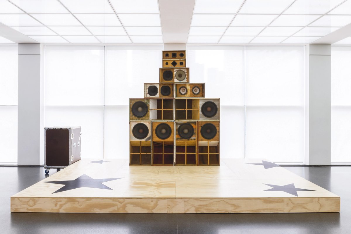 An installation view of Gary Simmons’s MCA Chicago exhibition, with his Recapturing the Memories of the Black Ark (2014-ongoing), which serves as a set for live performances Photo: Shelby Ragsdale © MCA Chicago