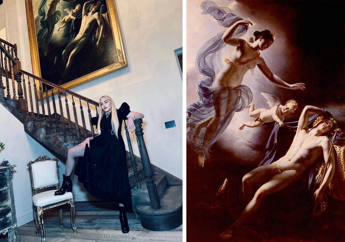An art expert identified Jérôme-Martin Langlois's painting Diana and Endymion (1822, right), in the background of a photo of Madonna in 2015 (left)