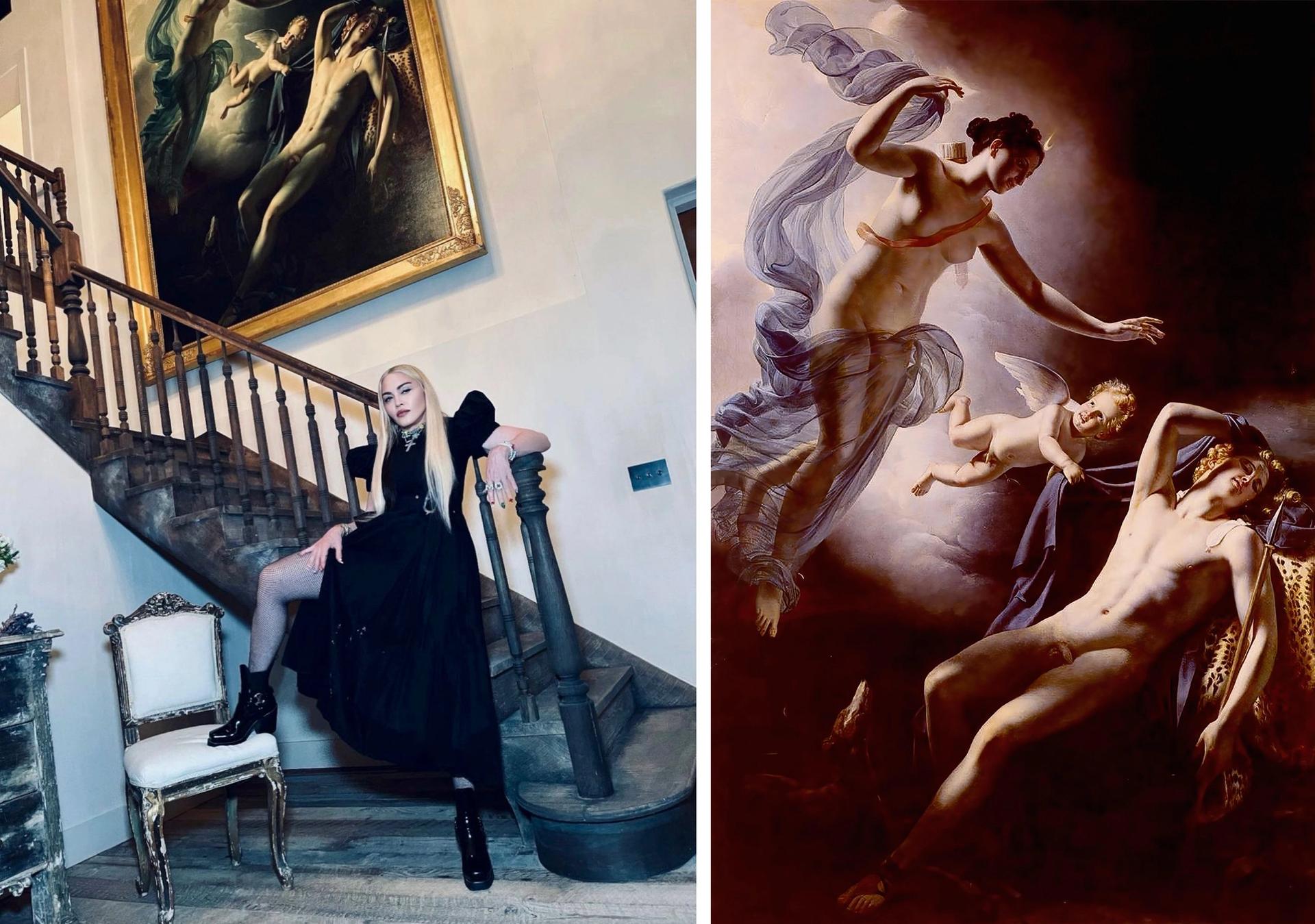 An art expert identified Jérôme-Martin Langlois's painting Diana and Endymion (1822, right), in the background of a photo of Madonna in 2015 (left) 