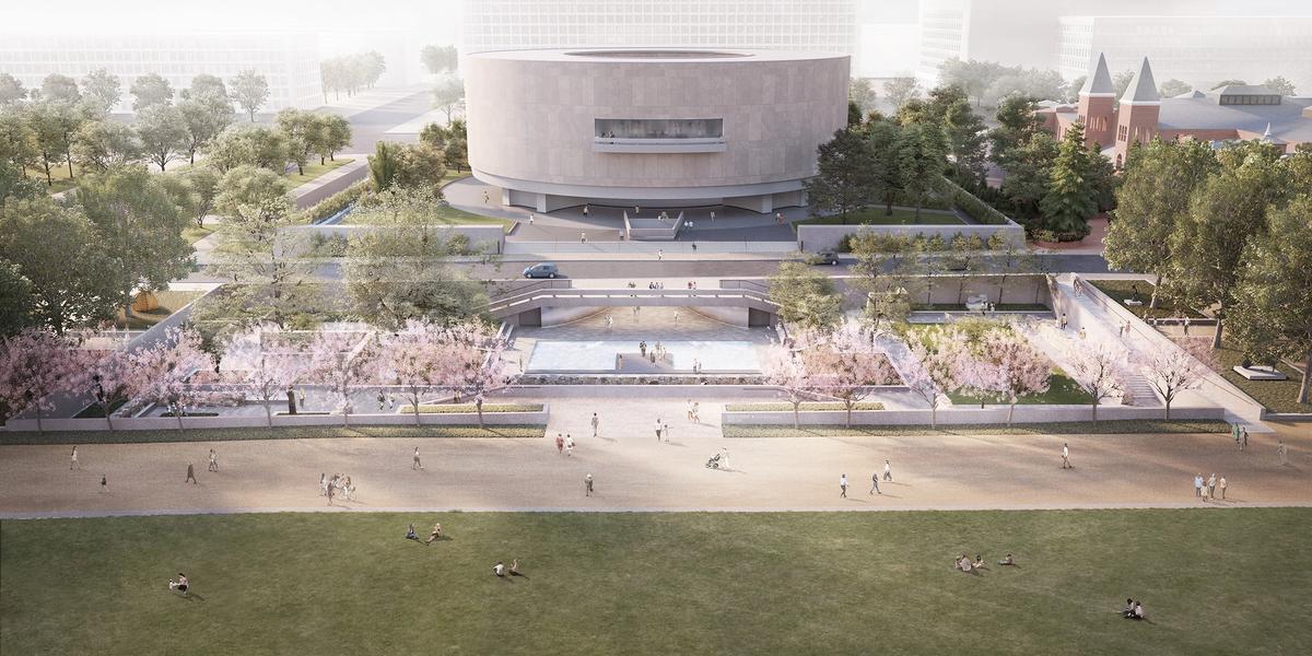 A rendering of the design for the Hirshhorn’s Sculpture Garden by Hiroshi Sugimoto, southward aerial from the National Mall in spring Credit: Hirshhorn Museum and Sculpture Garden