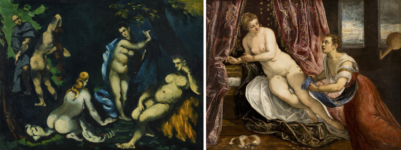 Left: Paul Cézanne's The Temptation of Saint Anthony (around 1870) and right: Tintoretto's Danaë (around 1570-83) Cézanne: photo: Kunsthaus Zürich; Tintoretto: © Lyon MBA - Photo Martial Couderette