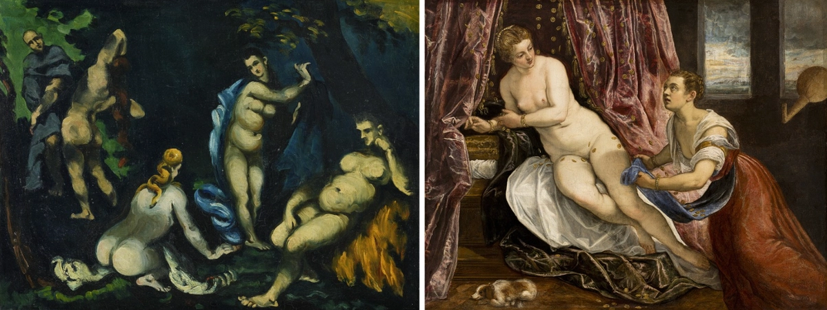 Left: Paul Cézanne's The Temptation of Saint Anthony (around 1870) and right: Tintoretto's Danaë (around 1570-83) Cézanne: photo: Kunsthaus Zürich; Tintoretto: © Lyon MBA - Photo Martial Couderette