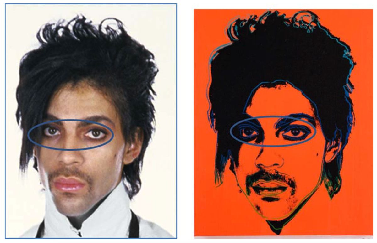 In its court filings, the Warhol Foundation points to differences between Goldsmith's photograph of Prince (left) and Warhol's portrait, including "substantially heavier" make-up around the eyes 