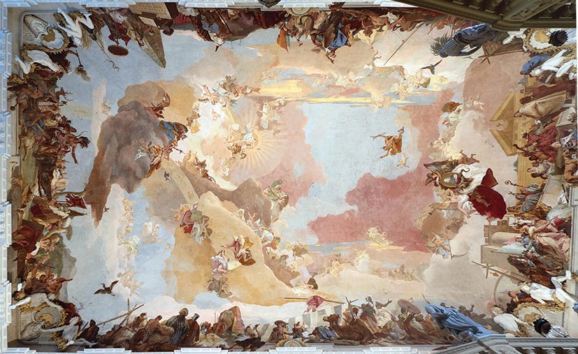 Apollo and the Continents (1752-53), Giovanni Battista Tiepolo’s ceiling fresco at the Würzburg Residence in Bavaria, Germany. In James Cahill’s debut novel, Tiepolo Blue, art historian Don is captivated by the Venetian master’s skies, which have similarly fascinated the author—in particular, the artist’s use of a distinctive shade of blue

© Tiepolo: Photo: Myriam Thyes