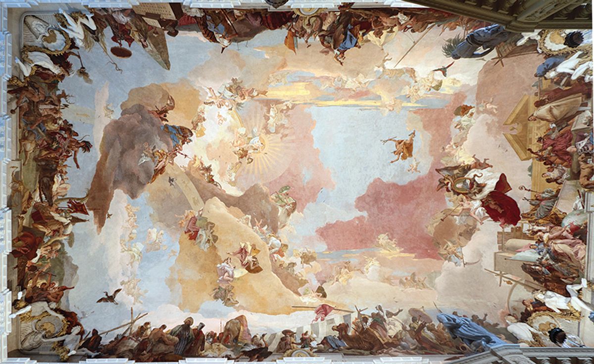 Apollo and the Continents (1752-53), Giovanni Battista Tiepolo’s ceiling fresco at the Würzburg Residence in Bavaria, Germany. In James Cahill’s debut novel, Tiepolo Blue, art historian Don is captivated by the Venetian master’s skies, which have similarly fascinated the author—in particular, the artist’s use of a distinctive shade of blue

© Tiepolo: Photo: Myriam Thyes