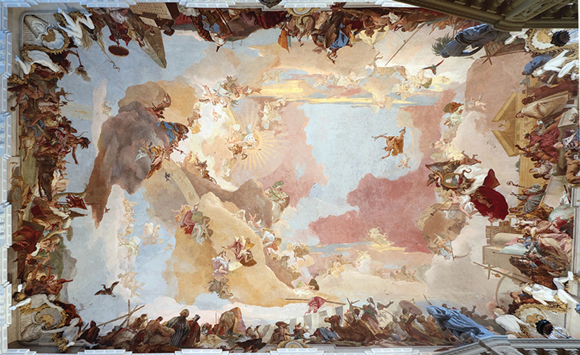 Apollo and the Continents (1752-53), Giovanni Battista Tiepolo’s ceiling fresco at the Würzburg Residence in Bavaria, Germany. In James Cahill’s debut novel, Tiepolo Blue, art historian Don is captivated by the Venetian master’s skies, which have similarly fascinated the author—in particular, the artist’s use of a distinctive shade of blue

© Tiepolo: Photo: Myriam Thyes