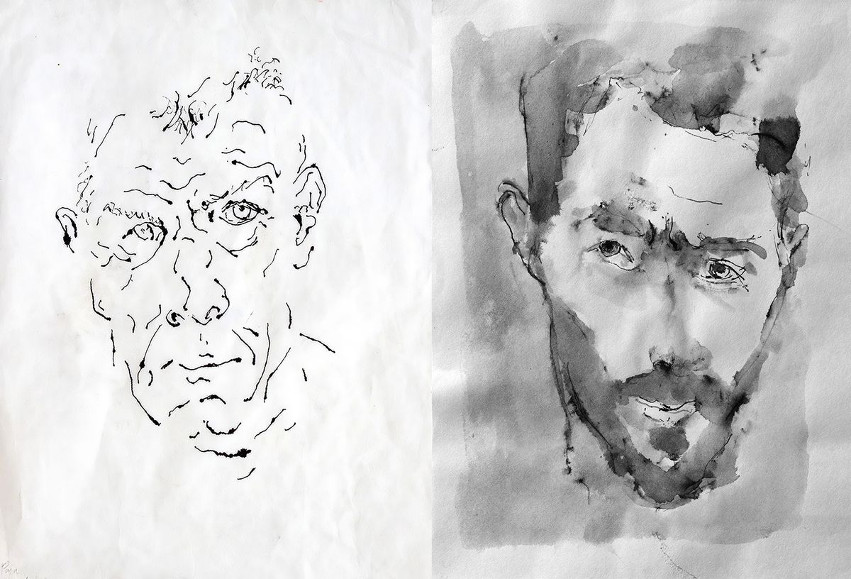 Yves Berger’s sketch of his father (above left) and John Berger’s picture of his son (above right) Yves: 2020 © the artist; John: © the artist
