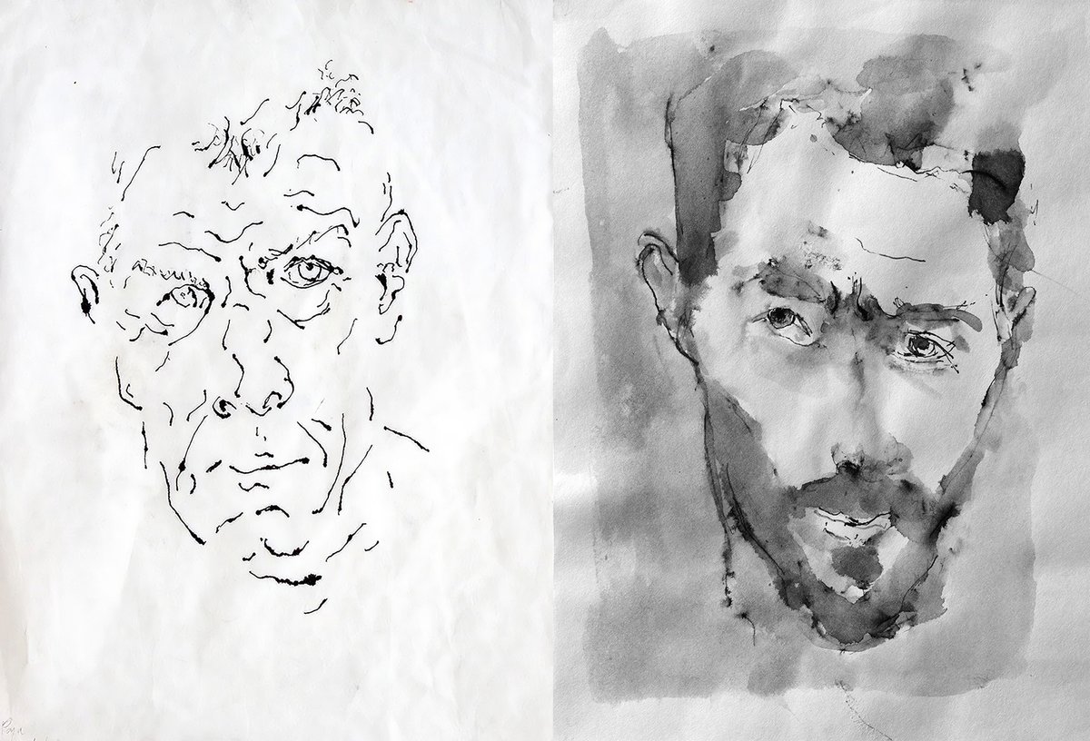 Yves Berger’s sketch of his father (above left) and John Berger’s picture of his son (above right) Yves: 2020 © the artist; John: © the artist