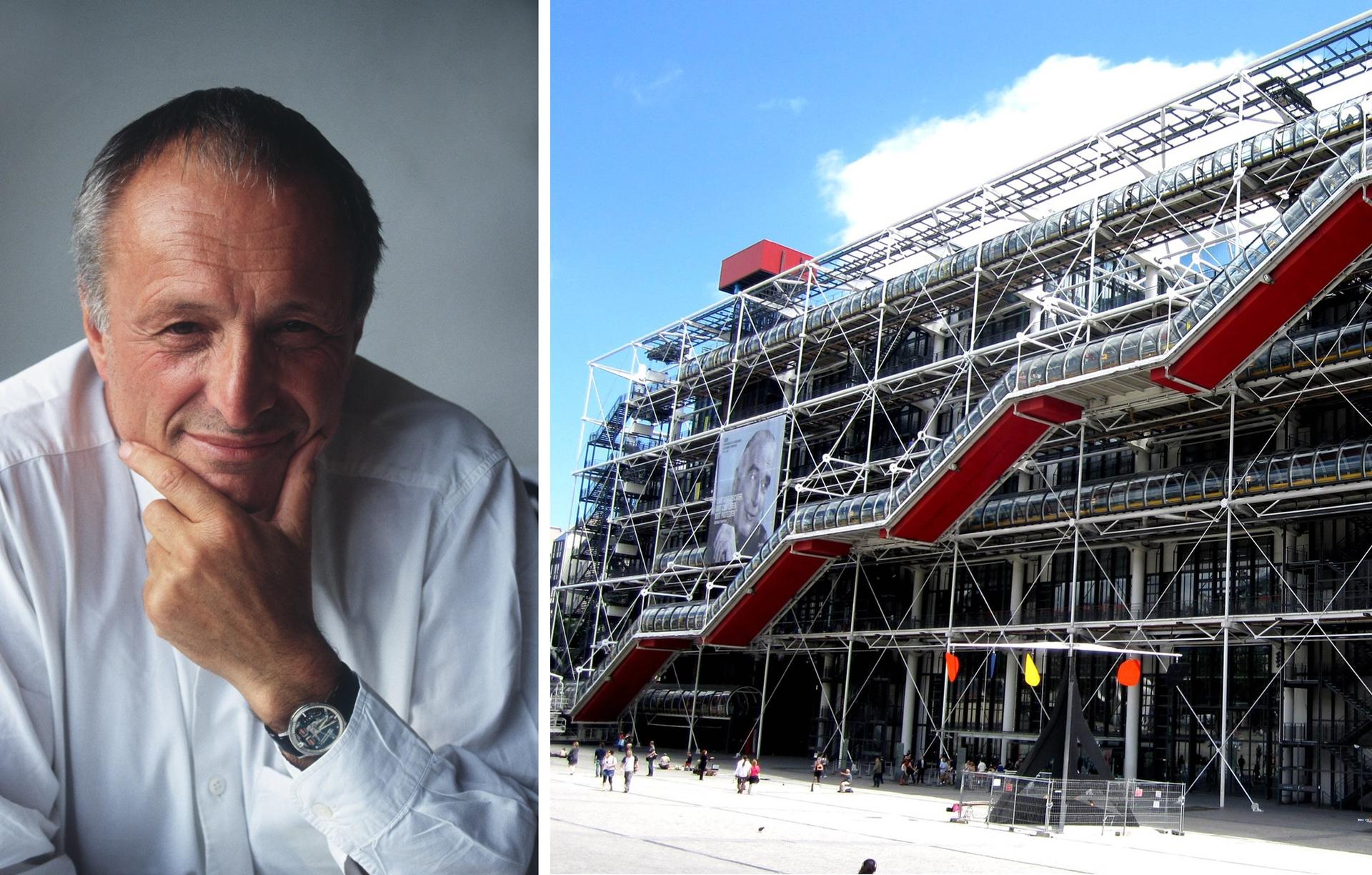 Richard Rogers (left) co-designed the Centre Pompidou in Paris (right), which opened to the public in 1977 Rogers: Terry Fincher. Photo: Int / Alamy Stock Photo; Pompidou: Oh Paris