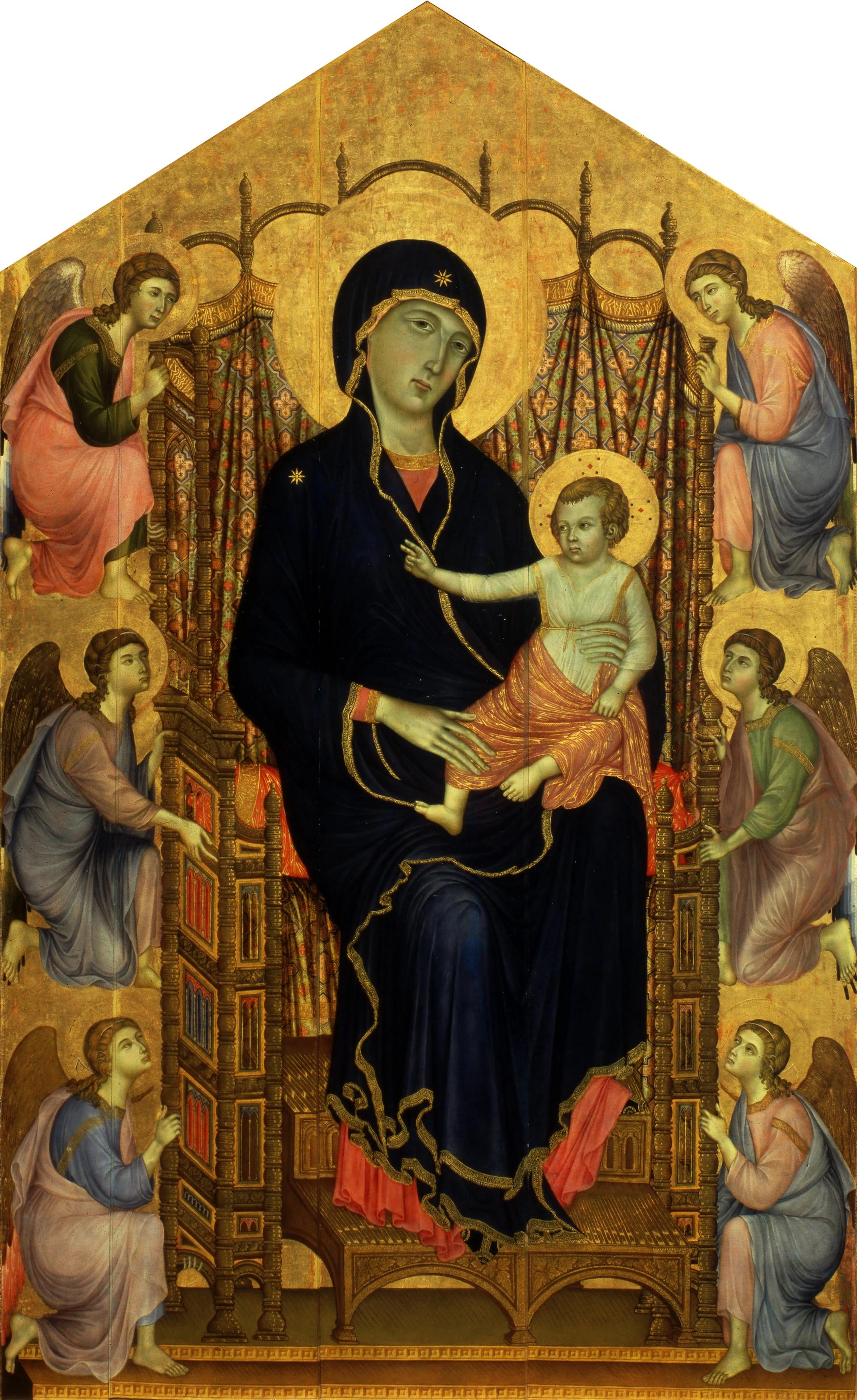 The Rucellai Madonna by Duccio, 1285, Uffizi, Florence.  Commissioned by the Confraternity of the Laudesi, which had a special devotion to the Madonna, for their chapel in Santa Maria Novella. Moved in 1591 to the Rucellai chapel, hence its name 