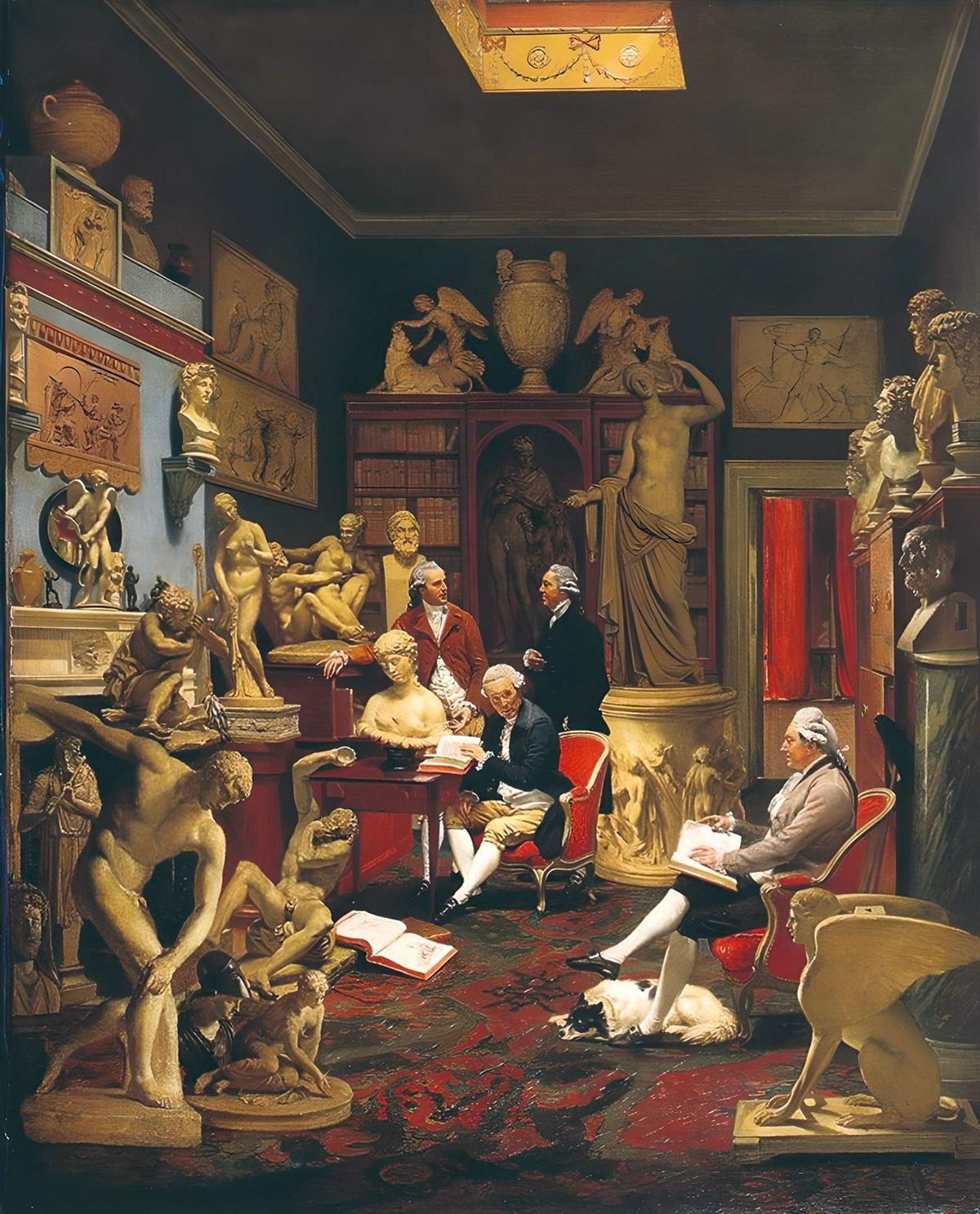 Johann Zoffany's Charles Townley at His Library at No7 Park Street in Westminster,1782. Townley is seated at centre next to his famous Roman bust of Clytie, with his Roman copy of the Discobolus of Myron from Hadrian’s Villa front left. The Townley marbles wereacquired by the British Museum following his death in 1805 Towneley Hall Art Gallery and Museum, Burnley
