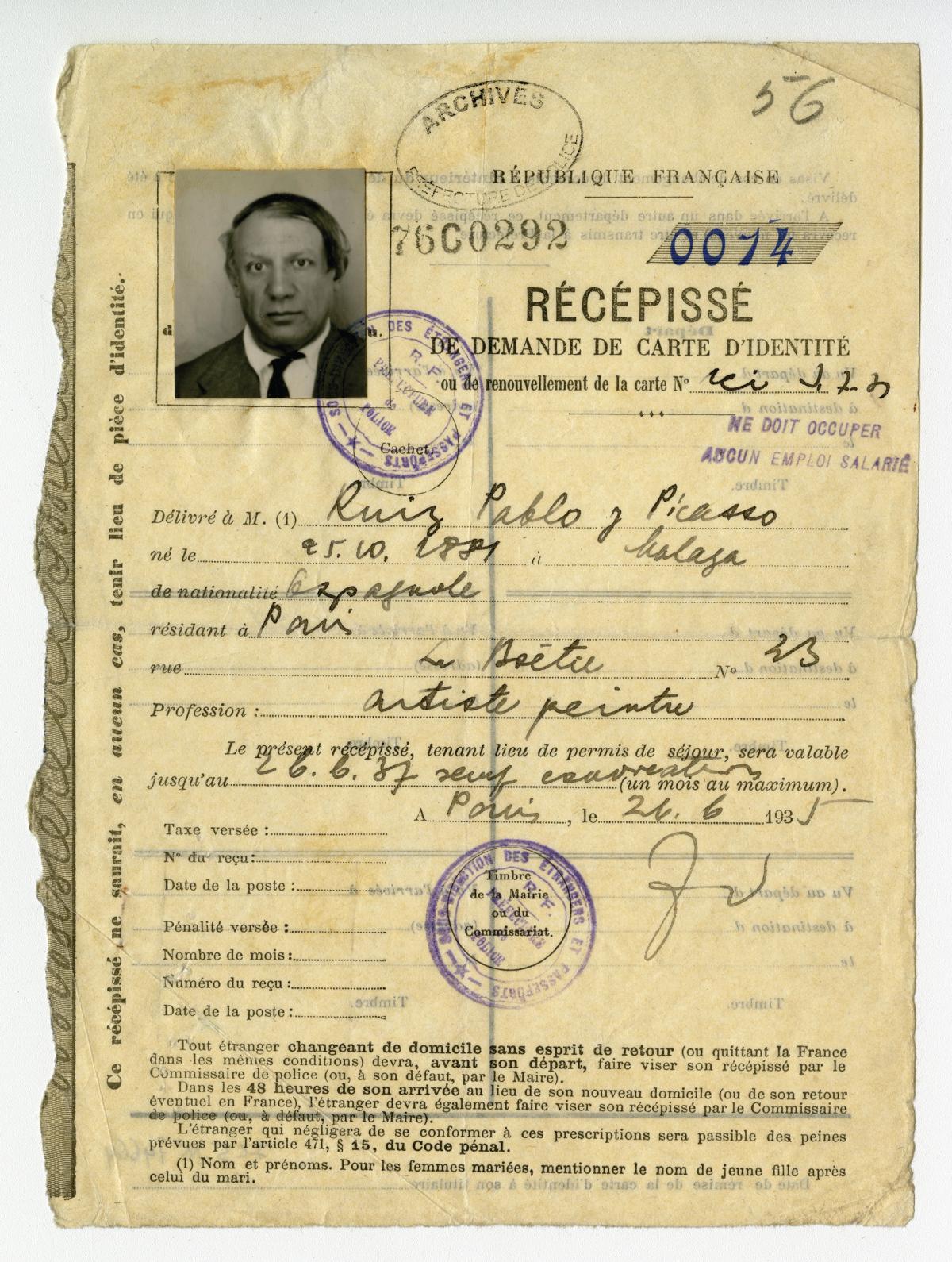 The official receipt for Picasso’s request for a foreigner’s identity card in Paris in 1935 Courtesy archives de la Préfecture de Police de Paris