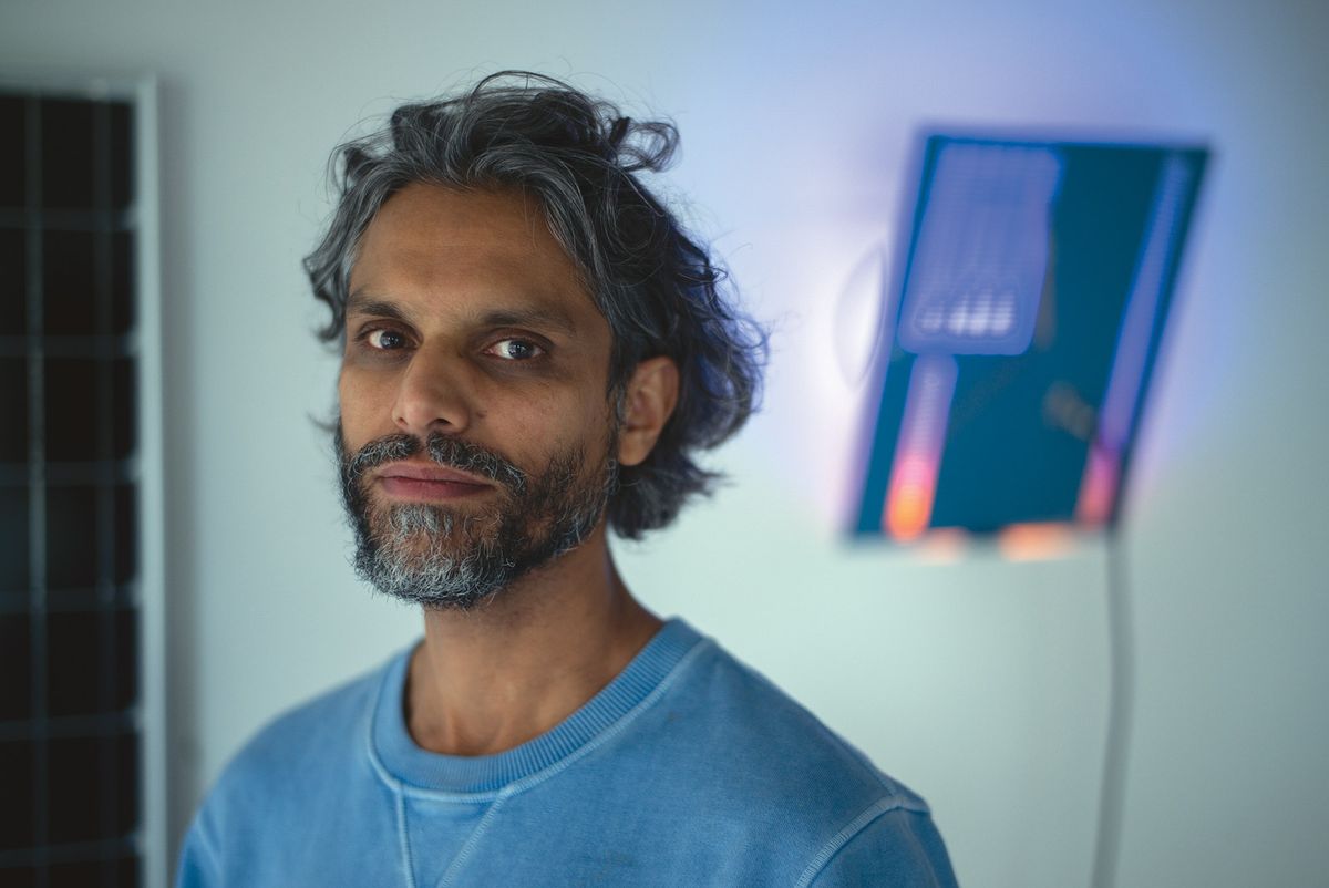 Haroon Mizra says he “got hooked on the sound of electricity as a teenager”; he thinks of his creations as compositions in a musical as well as artistic sense Photo: David Bebber; © Haroon Mirza, Courtesy of Lisson Gallery