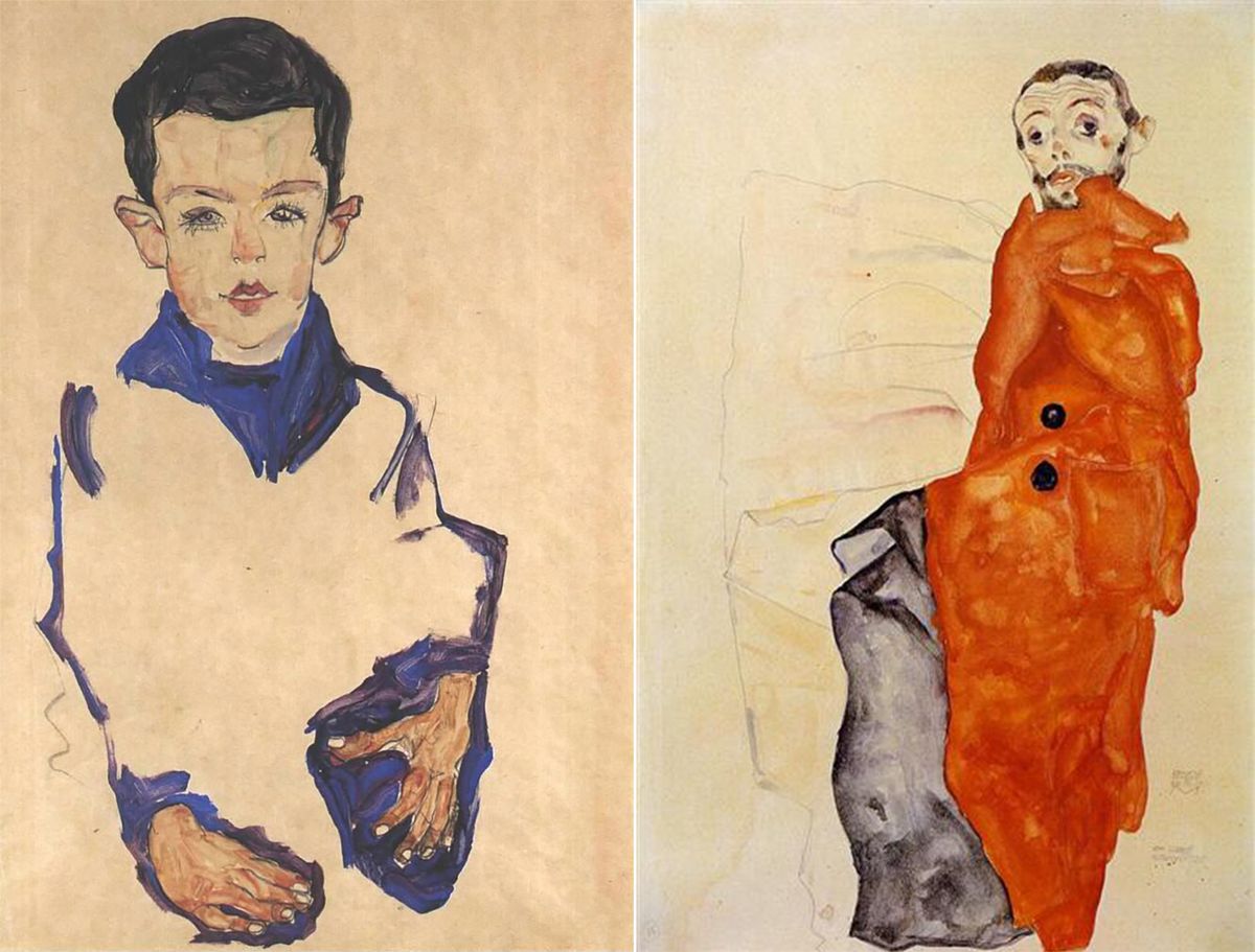 Egon Schiele's Portrait of a Boy (left) and I Love Antithesis (right) are among the works recently repatriated to the heirs of Austrian Jewish collector and cabaret artist Fritz Grünbaum Courtesy Manhattan District Attorney