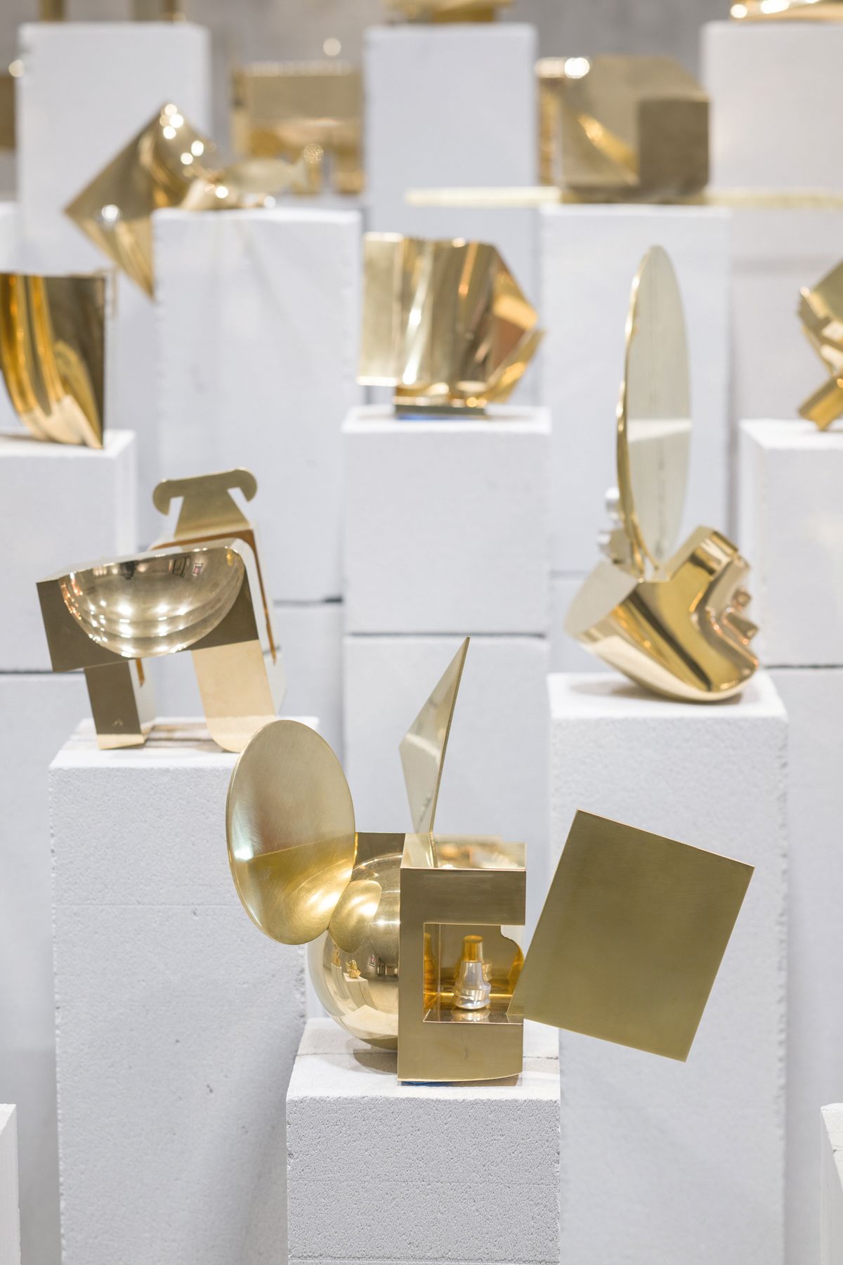 An installation view of Christopher K. Ho’s sculpture series Return to Order (2022-23) at his solo show, I Am a 70-Year-Old British Sculptor, at Hong Kong’s PHD Group in 2024; Ho appears in the Encounters sector at Art Basel Hong Kong Courtesy the artist and PHD Group, Hong Kong. Photo by Felix SC Wong