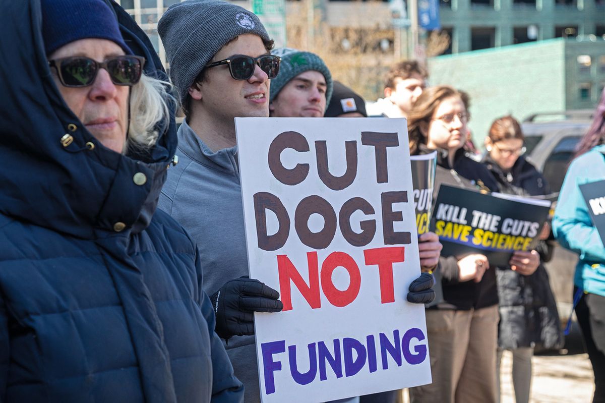 Fighting back: labour unions hold a rally in April in Detroit against the cuts implemented by Doge. In the arts, major federal funding bodies have had their budgets slashed Photo: Jim West/UCG/Universal Images Group via Getty Images