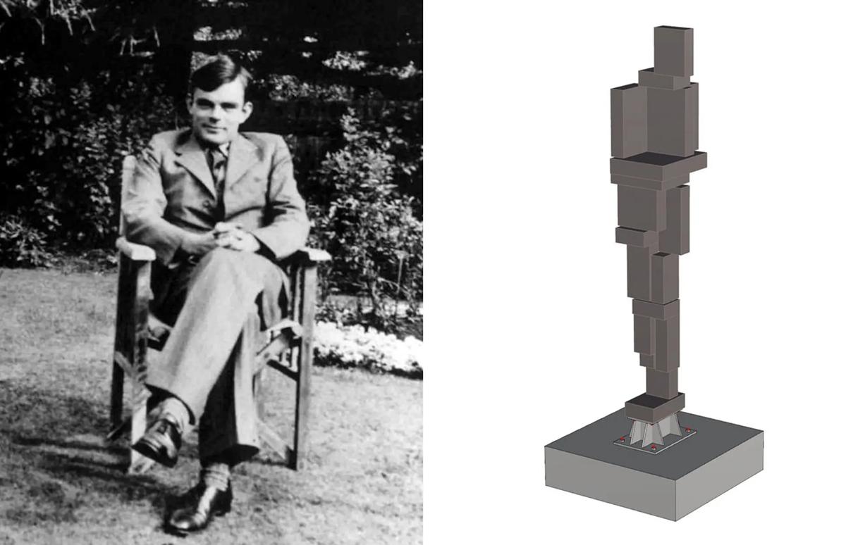 Left: Alan Turing in 1930. Right: Antony Gormley's proposed sculpture to commemorate Turing
Sculpture rendering: courtesy of the Antony Gormley Studio/Cambridge City Council