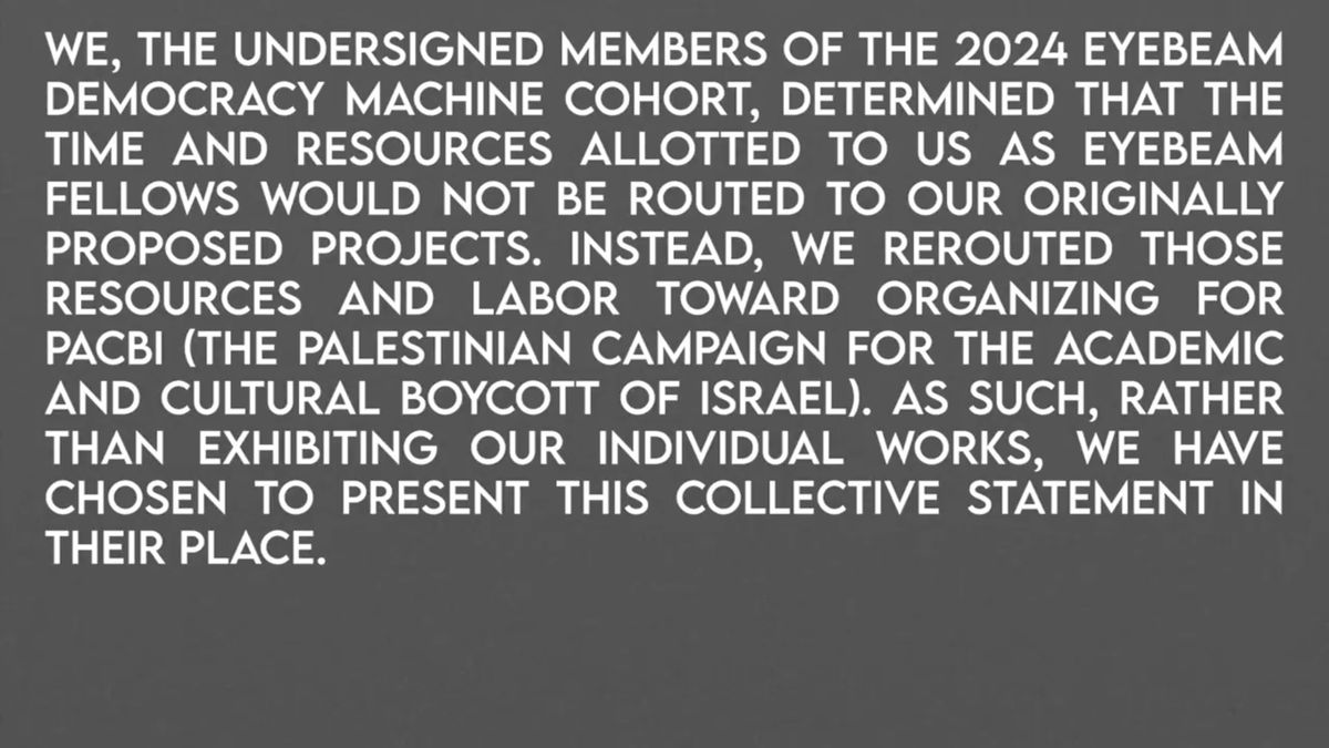 The first section of the 2024 Democracy Machine cohort's video statement Courtesy the artists