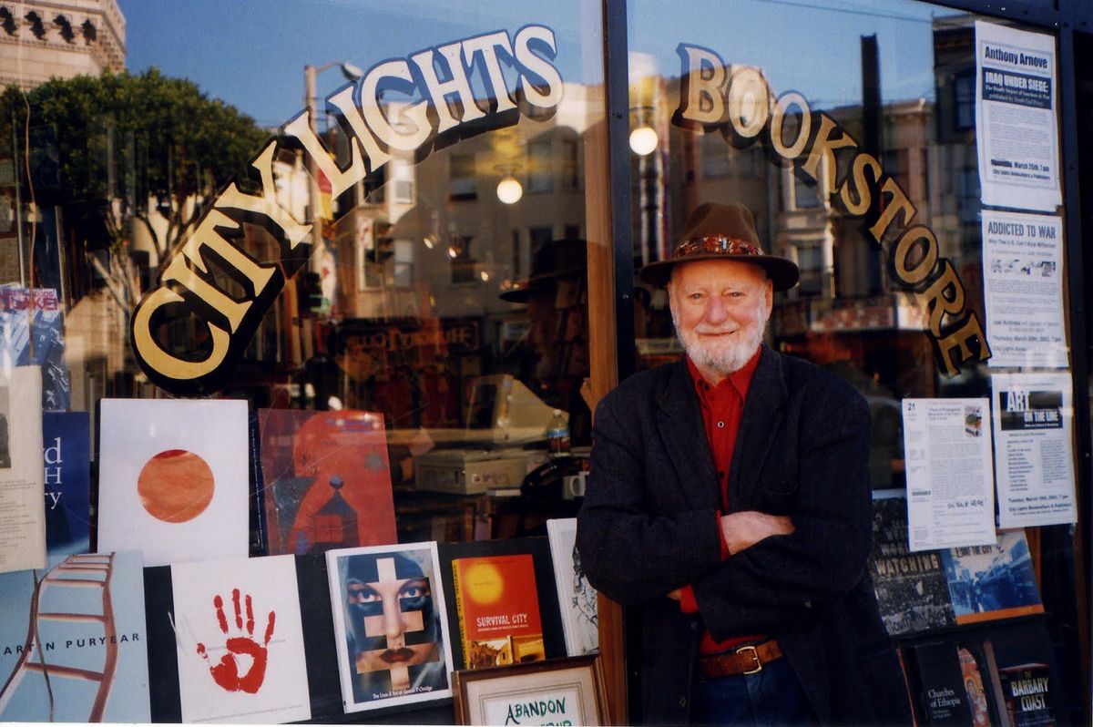 Lawrence Ferlinghetti in front of the City Lights Bookstore Photo: courtesy of City Lights Bookstore